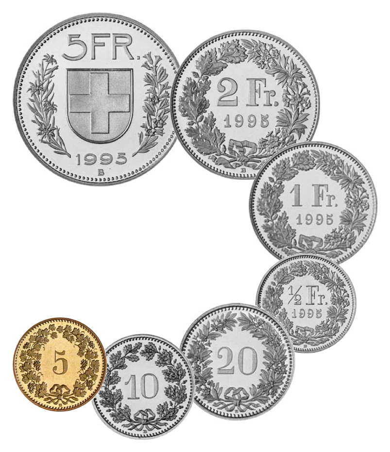 A silver Swiss Francs coin.