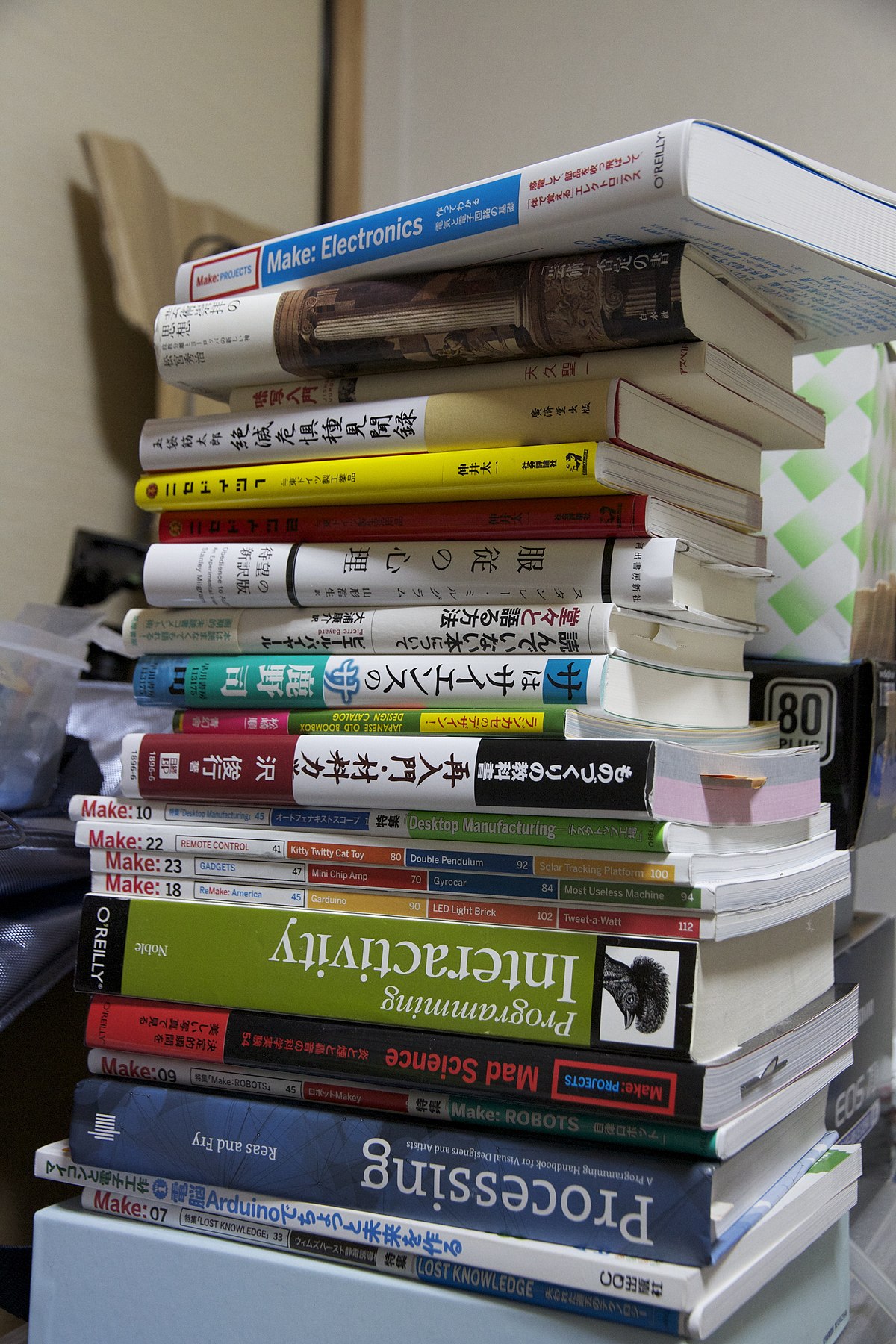 A stack of educational books.