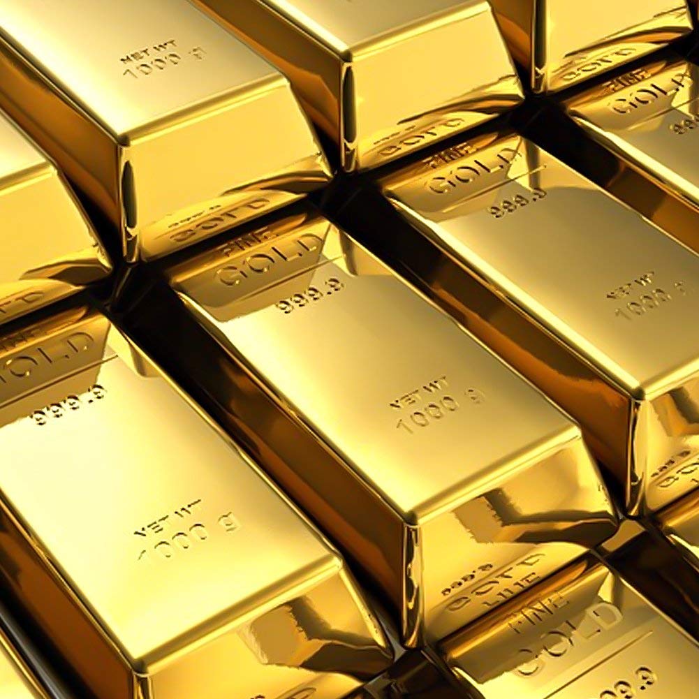 Gold bars with transparent pricing labels.